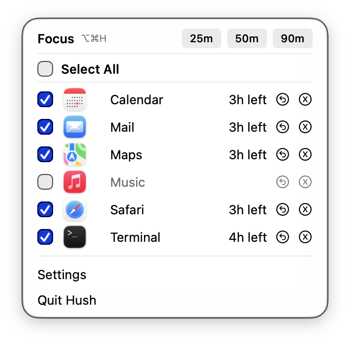 Hush menu bar popup with a Focus session, a list of apps and an idle countdown next to each.